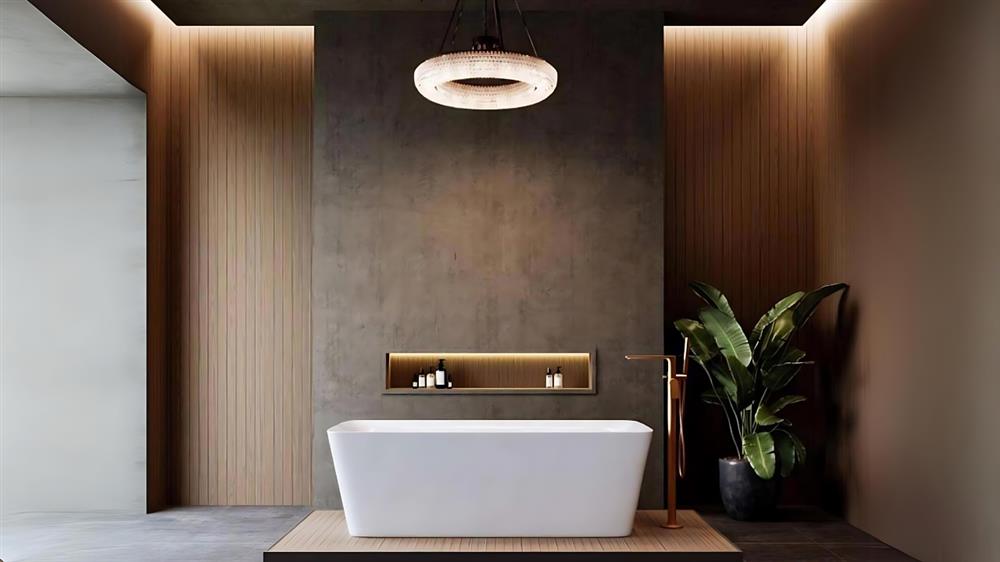 Modern luxury bathroom with freestanding bathtub and warm lighting